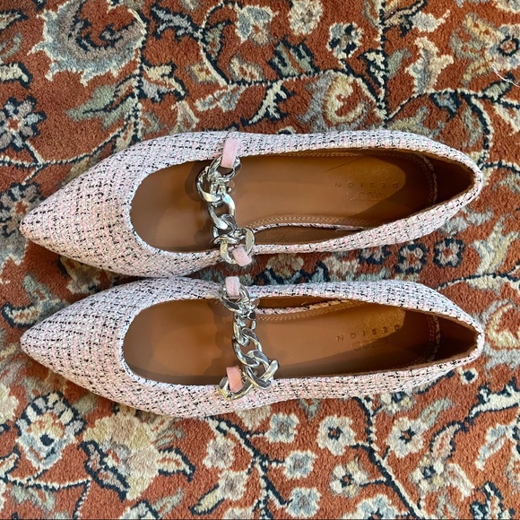 Brand New ASOS Pink Tweed Pointed Toe Flats with Silver Chain Detail - Picture 5 of 7